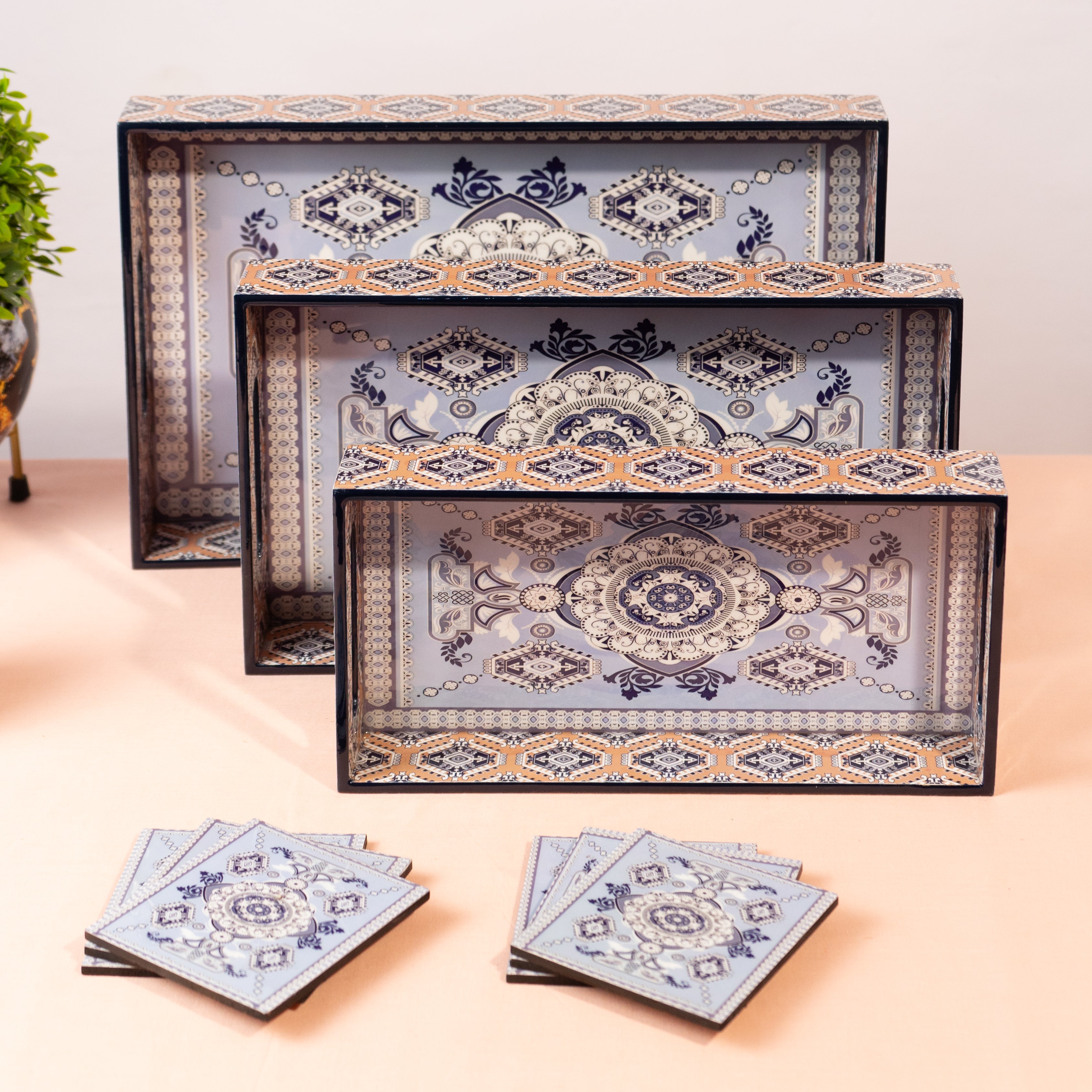 Premium Wooden Tray Set of 3 with 6 Coasters | Large, Medium & Small Sizes for Serving, Dining & Decor