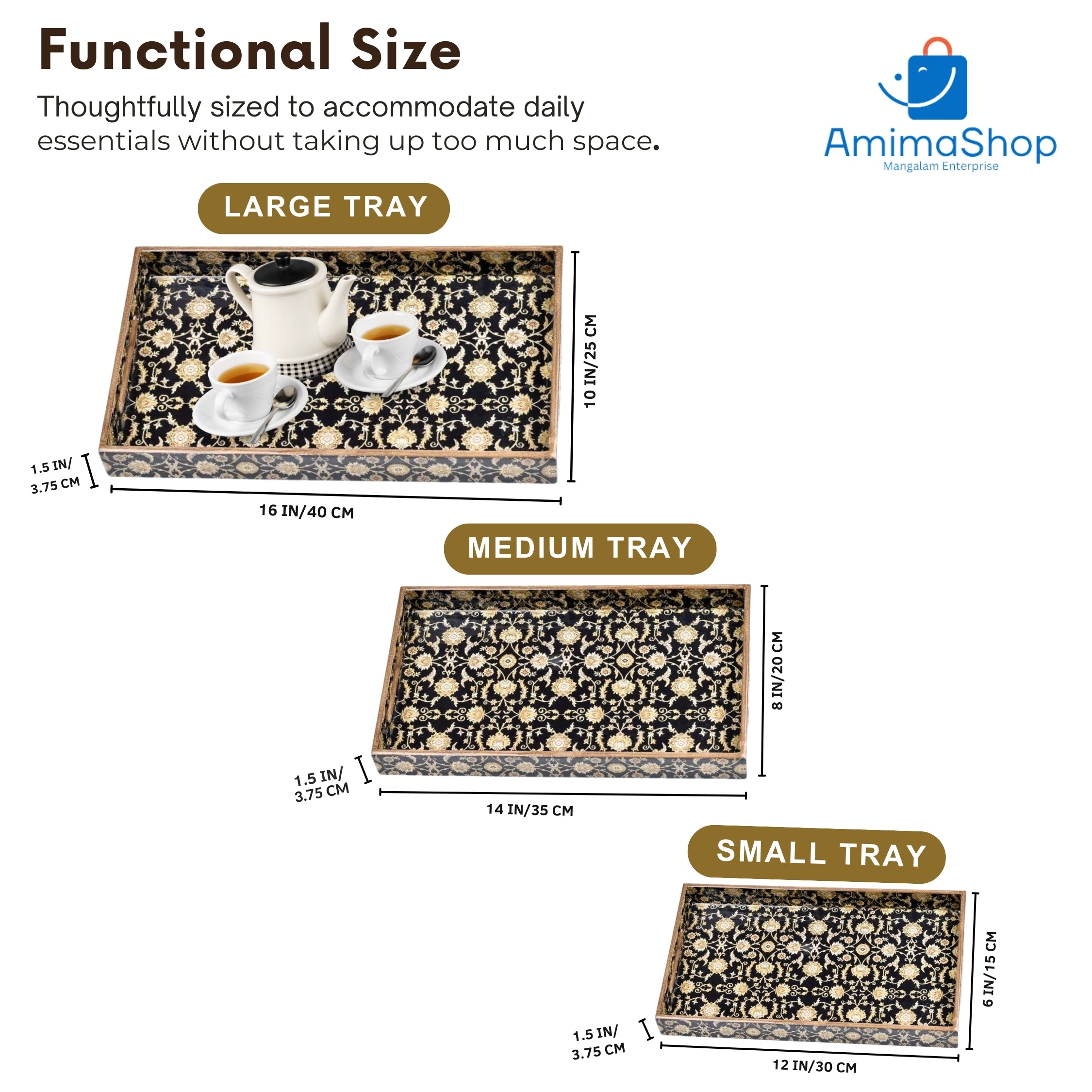 Black Design Set of 3 Rectangular Wooden Serving Trays (16", 14", 12") | Premium Mango Wood Tray Set for Kitchen, Dining, Tea/Coffee, Breakfast & Home Décor | Handcrafted Decorative Wooden Trays for Gift & Serving