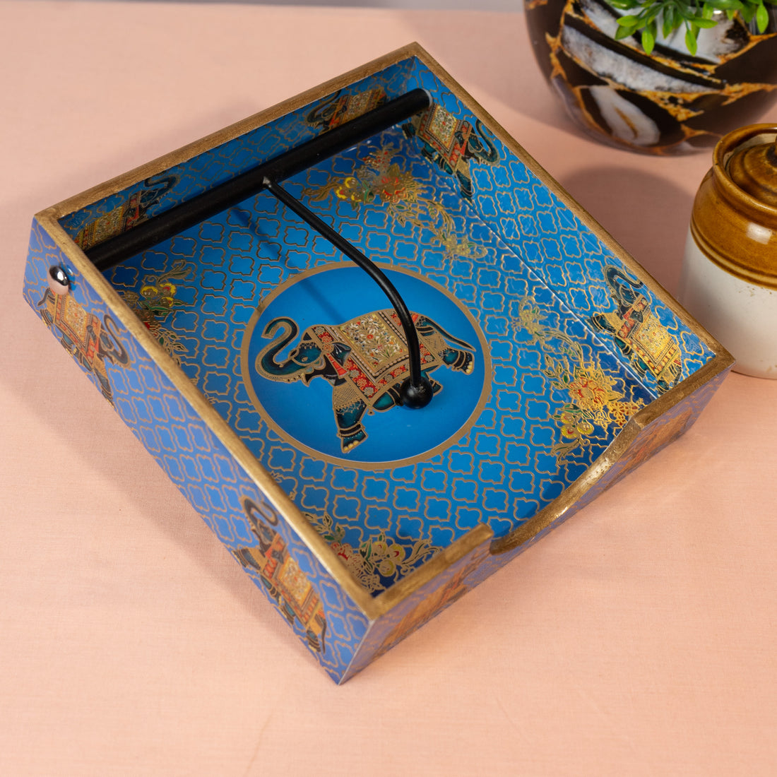 Wooden Napkin Holder for Dining Table | Handcrafted Tissue Holder Stand for Kitchen, Office & Home Décor | Wooden Tissue Paper Holder | Blue Gold Foil Design (8 x 8 x 2.5 Inches)