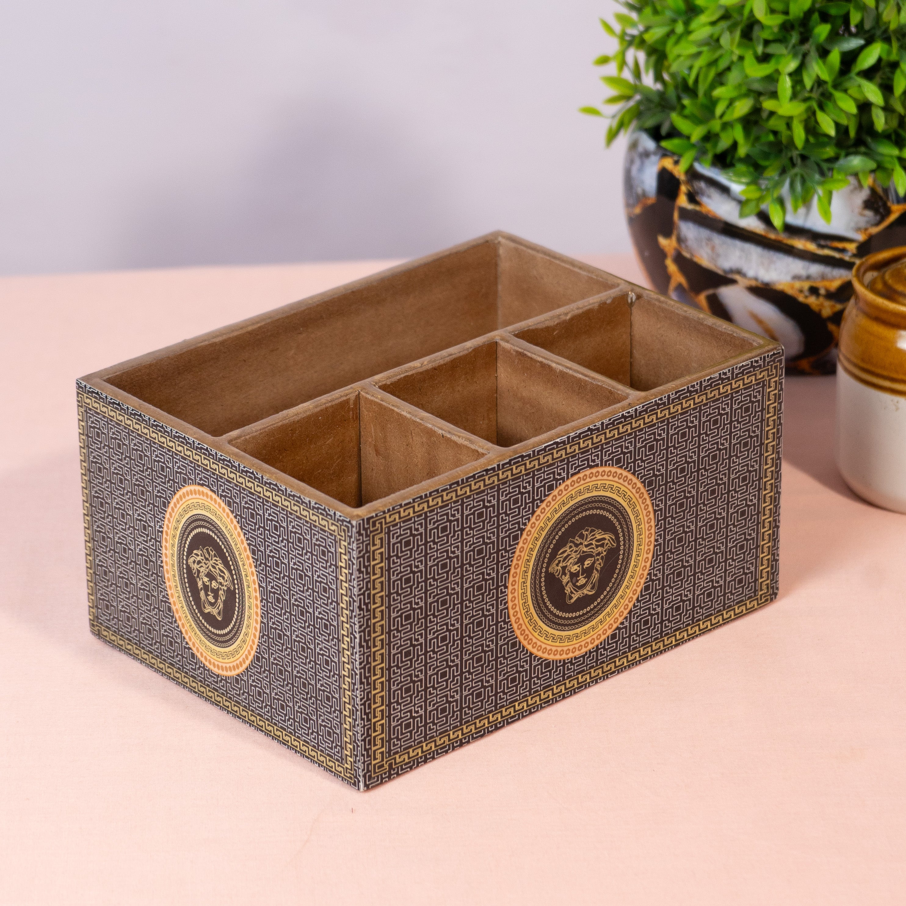 Wooden Cutlery Holder for Kitchen | Spoon Stand & Spoon Holder for Dining Table|4 Compartment Black Floral Design (L9.3 x W4.5 x H6.5 Inches) (Copy)