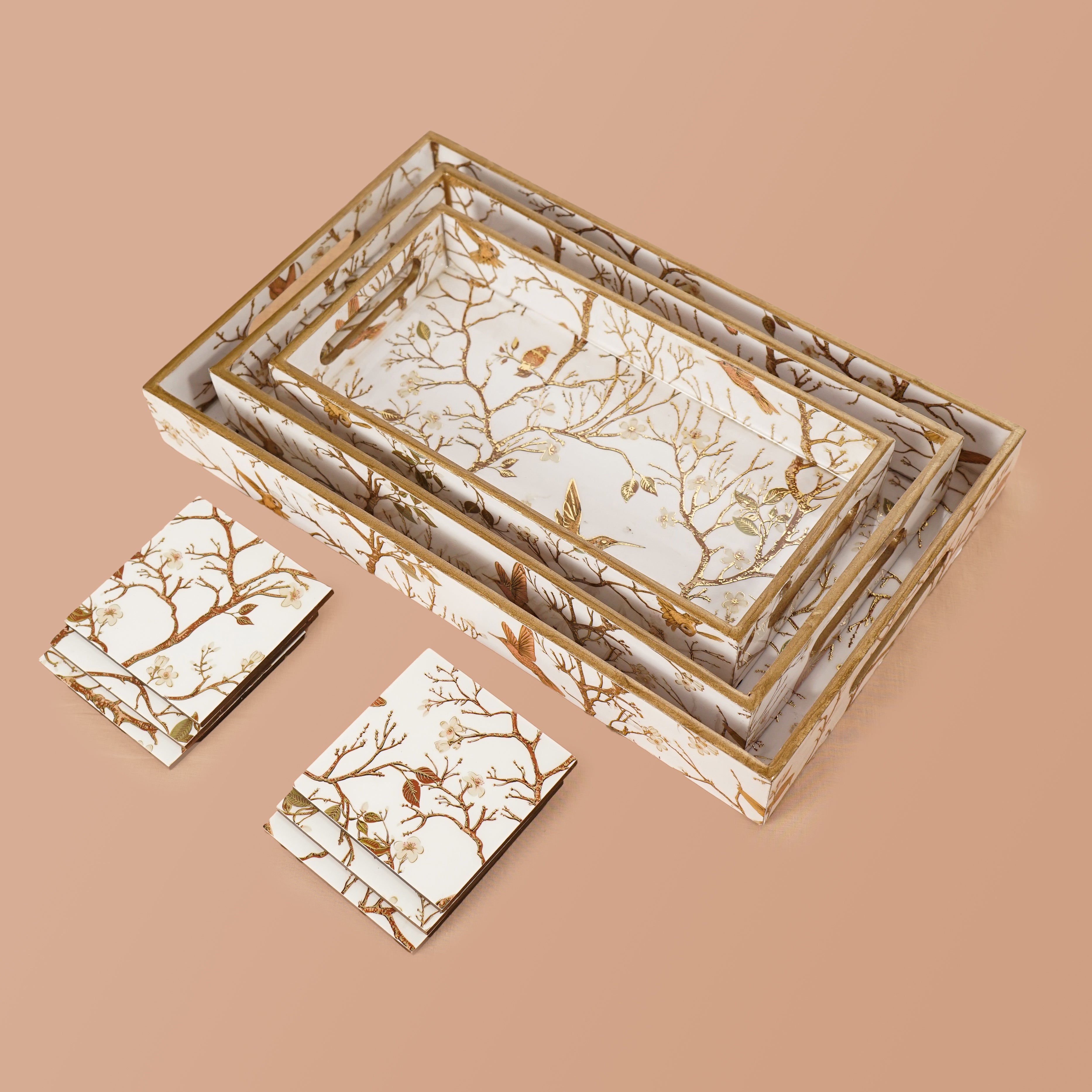 Premium Wooden Tray Set of 3 with 6 Coasters | Large, Medium & Small Sizes for Serving, Dining & Decor