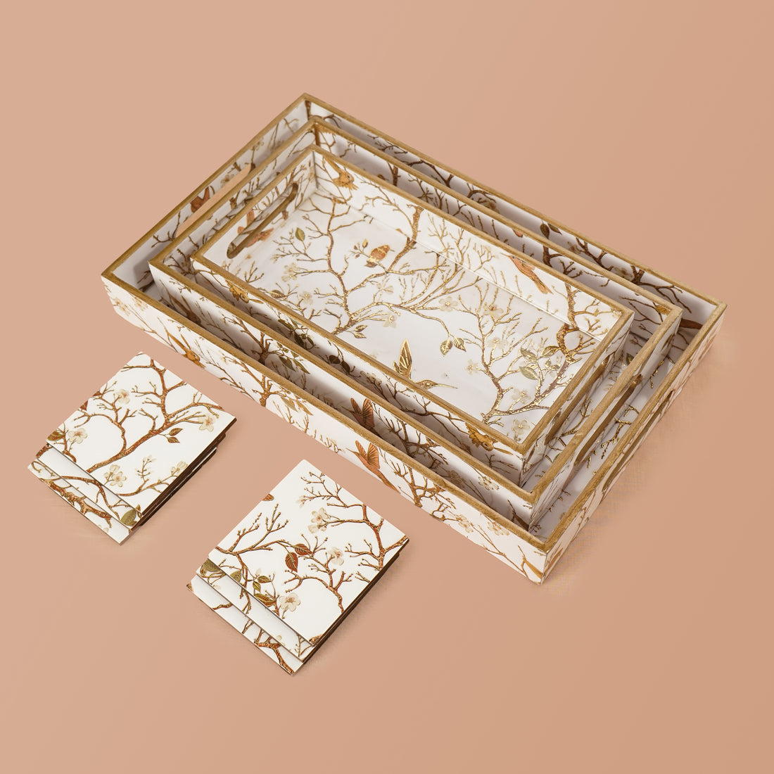 Premium Wooden Tray Set of 3 with 6 Coasters | Large, Medium & Small Sizes for Serving, Dining & Decor