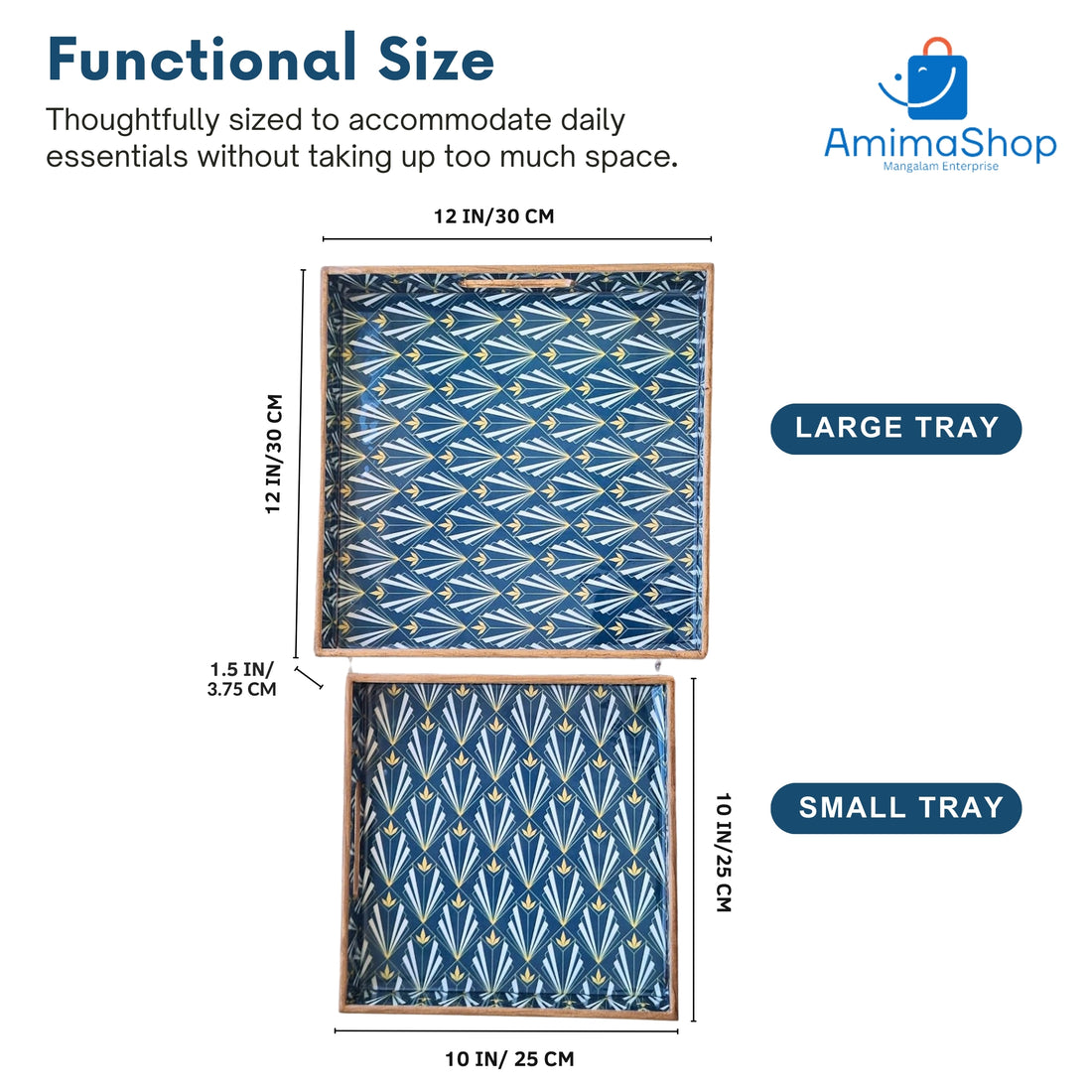 Amimashop® Blue Set of 2 Wooden Serving Trays 12"& 14"