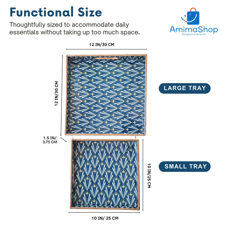 Amimashop® Blue Set of 2 Wooden Serving Trays 12"& 14"