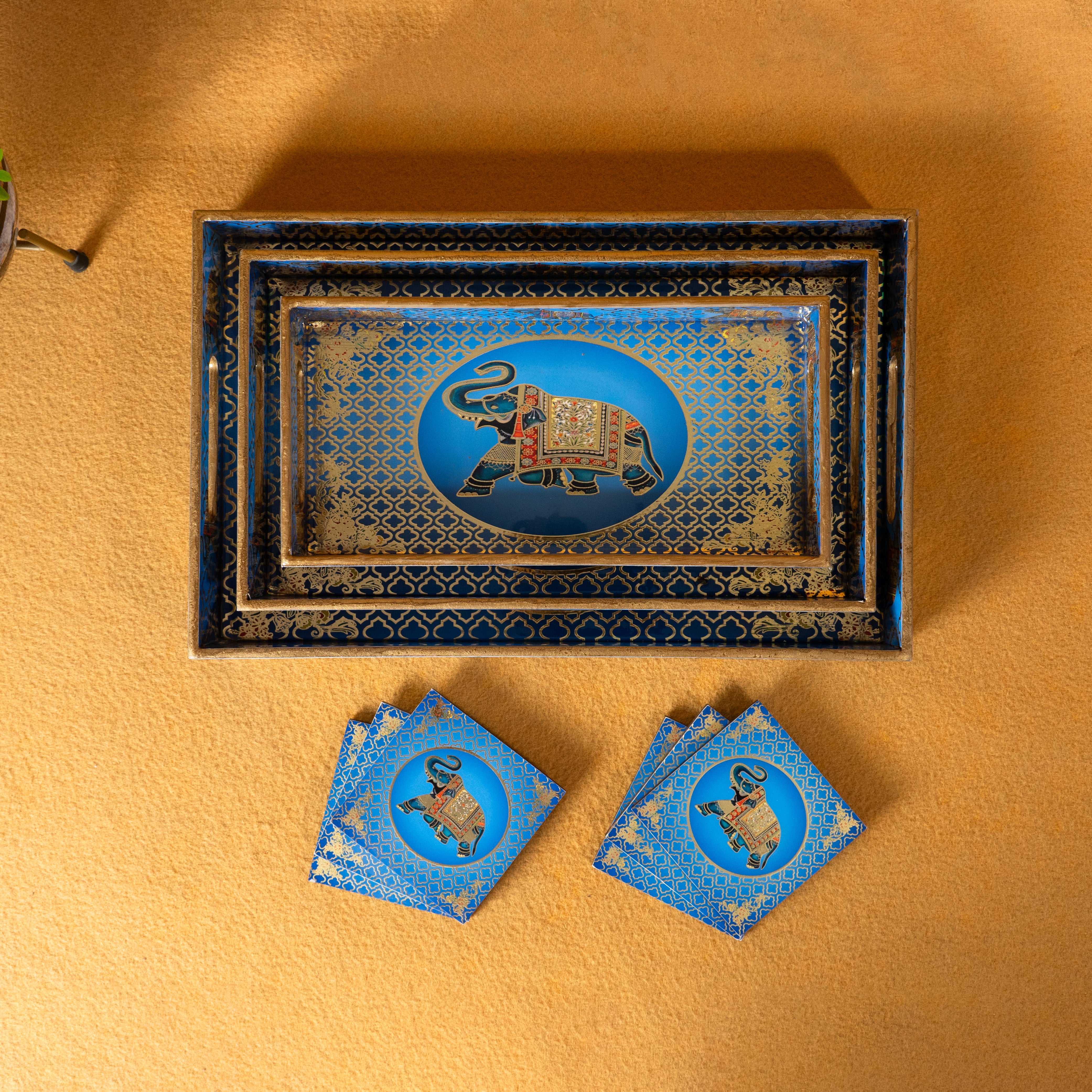 Premium Wooden Tray Set of 3 with 6 Coasters | Large, Medium & Small Sizes for Serving, Dining & Decor