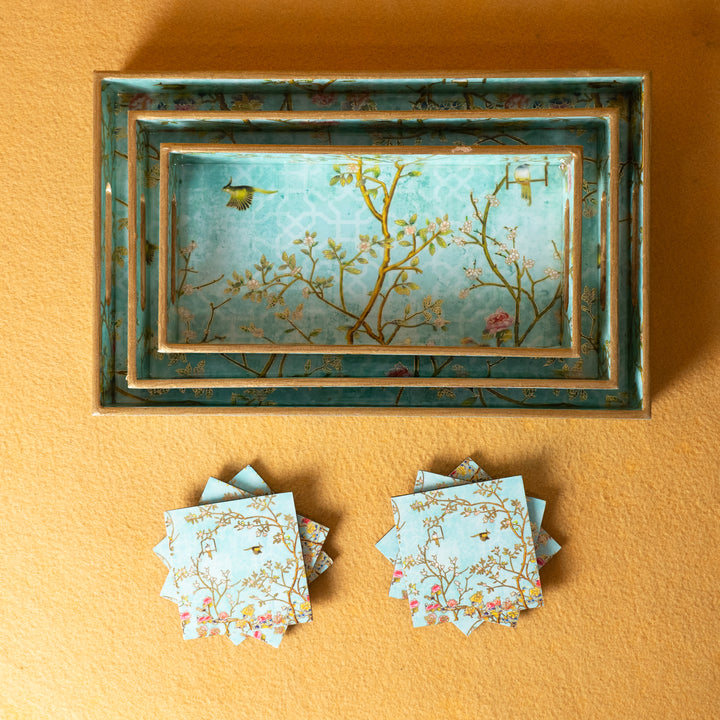 Premium Wooden Tray Set of 3 with 6 Coasters | Large, Medium & Small Sizes for Serving, Dining & Decor