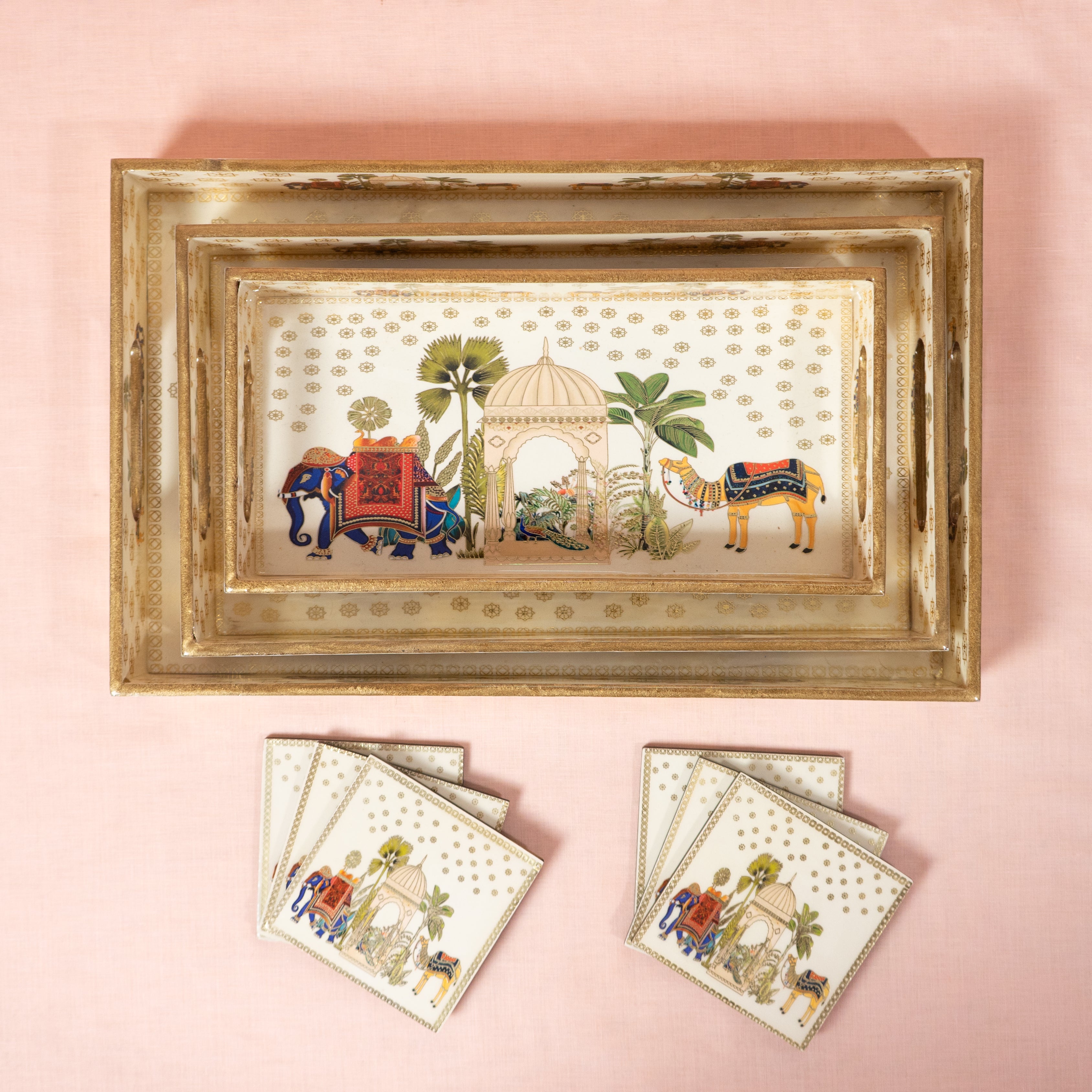 Premium Wooden Tray Set of 3 with 6 Coasters | Large, Medium & Small Sizes for Serving, Dining & Decor