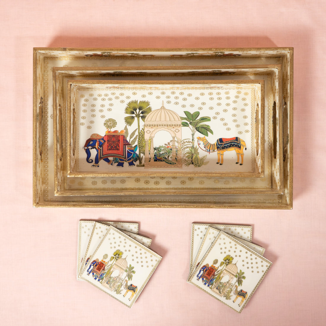 Premium Wooden Tray Set of 3 with 6 Coasters | Large, Medium & Small Sizes for Serving, Dining & Decor