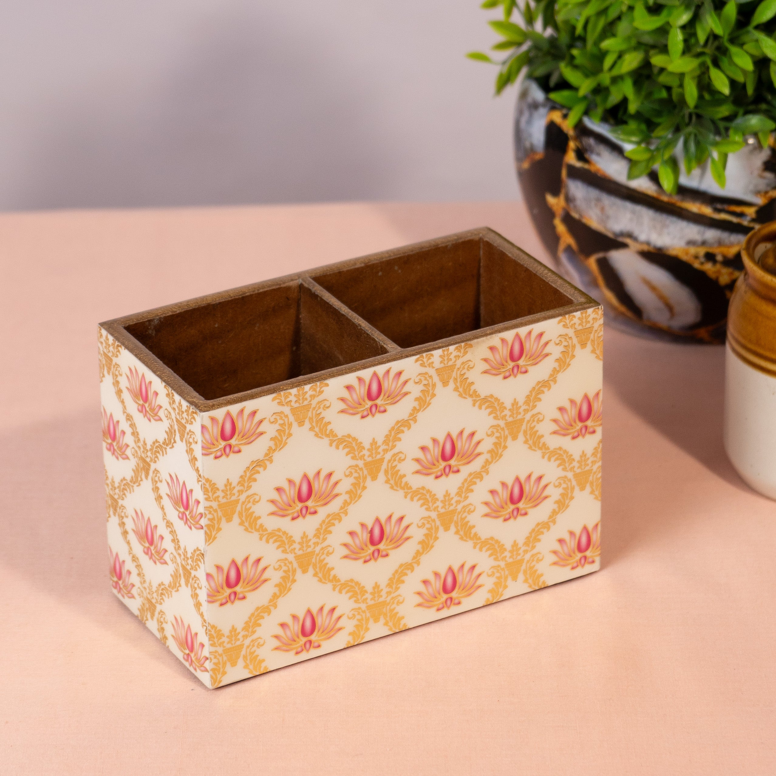 Wooden Cutlery Holder with 2 Sections – White Flower Design Spoon Stand for Kitchen & Dining Table Organizer | Multipurpose Wooden Utensil Holder, Chammach Stand & Table Decor (10x16x12 cm)