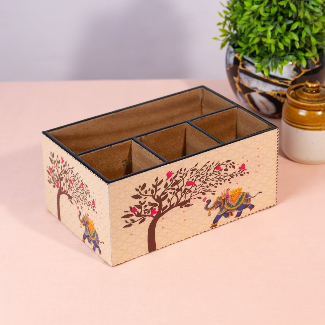 Wooden Cutlery Holder for Kitchen | Spoon Stand & Spoon Holder for Dining Table|4 Compartment Yellow Floral Design (L9.3 x W4.5 x H6.5 Inches)