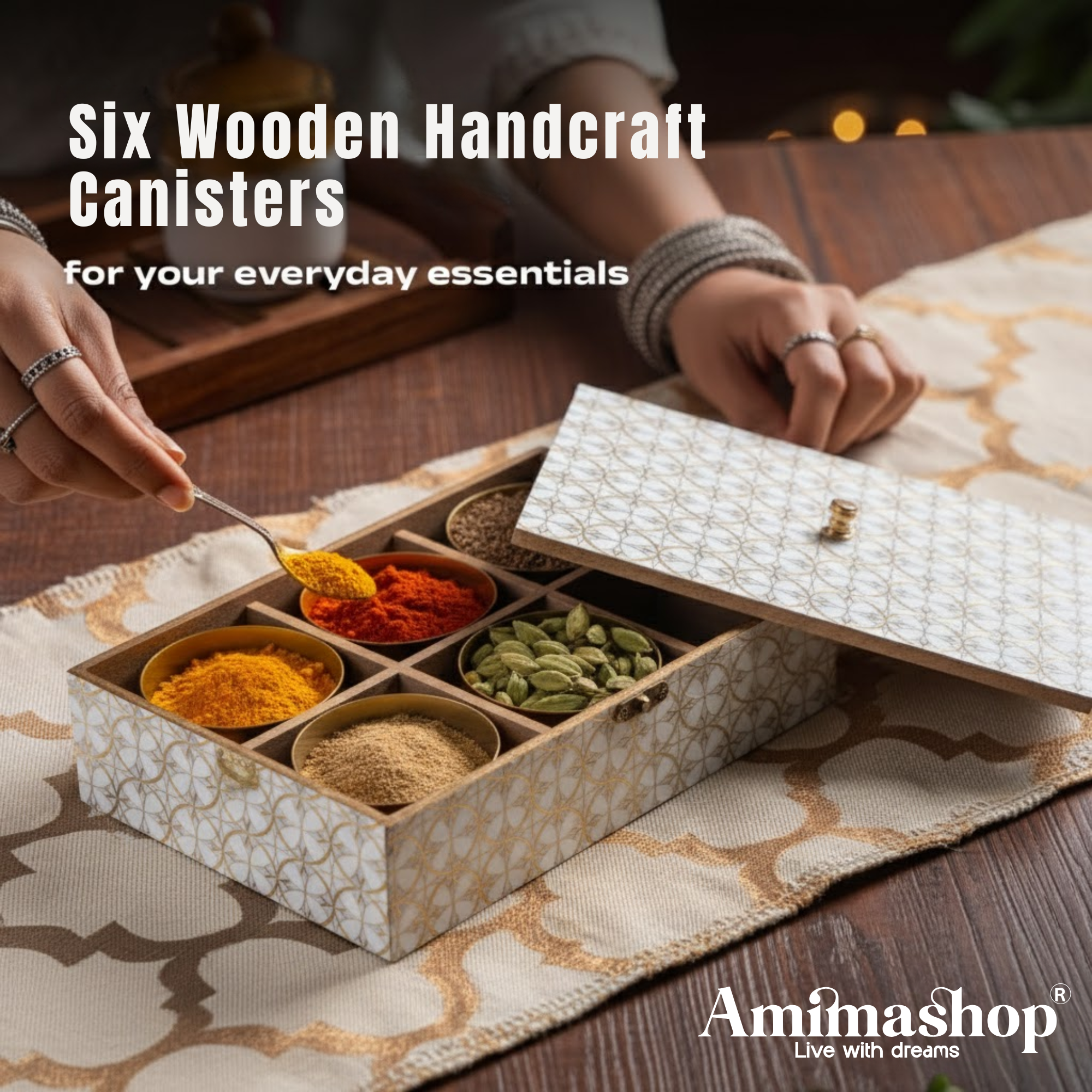 Wooden Handcrafted Spice Box with 6 Containers | Wooden Masala Box for Kitchen Storage | Multipurpose Dry Fruit Box & Condiment Organizer | White Gold Design (10 x 8.5 x 3 Inches)