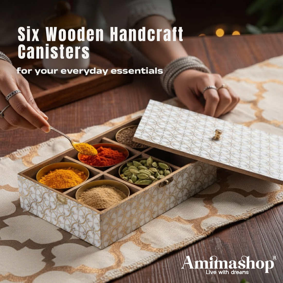 Wooden Handcrafted Spice Box with 6 Containers | Wooden Masala Box for Kitchen Storage | Multipurpose Dry Fruit Box & Condiment Organizer | White Gold Design (10 x 8.5 x 3 Inches)