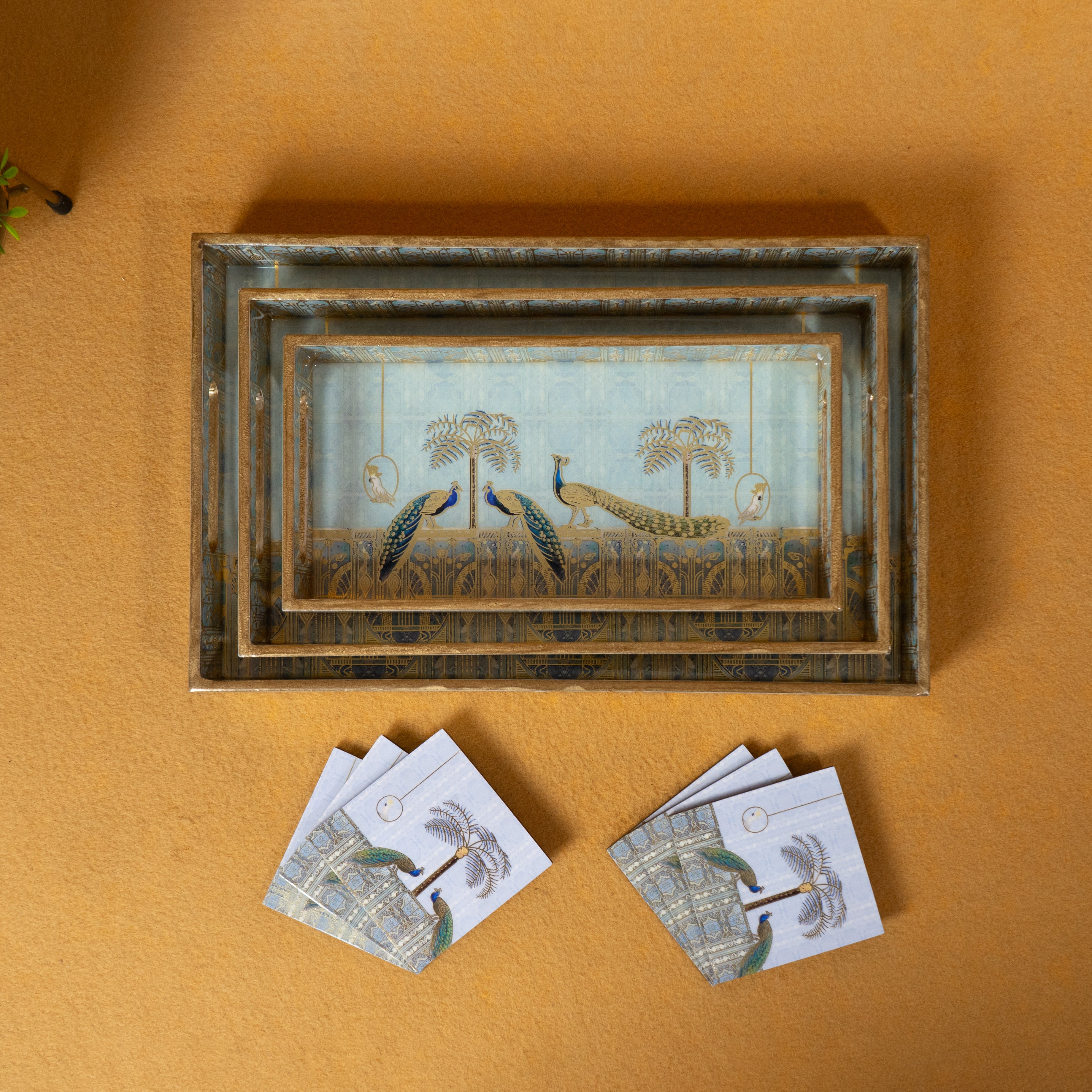 Premium Wooden Tray Set of 3 with 6 Coasters | Large, Medium & Small Sizes for Serving, Dining & Decor