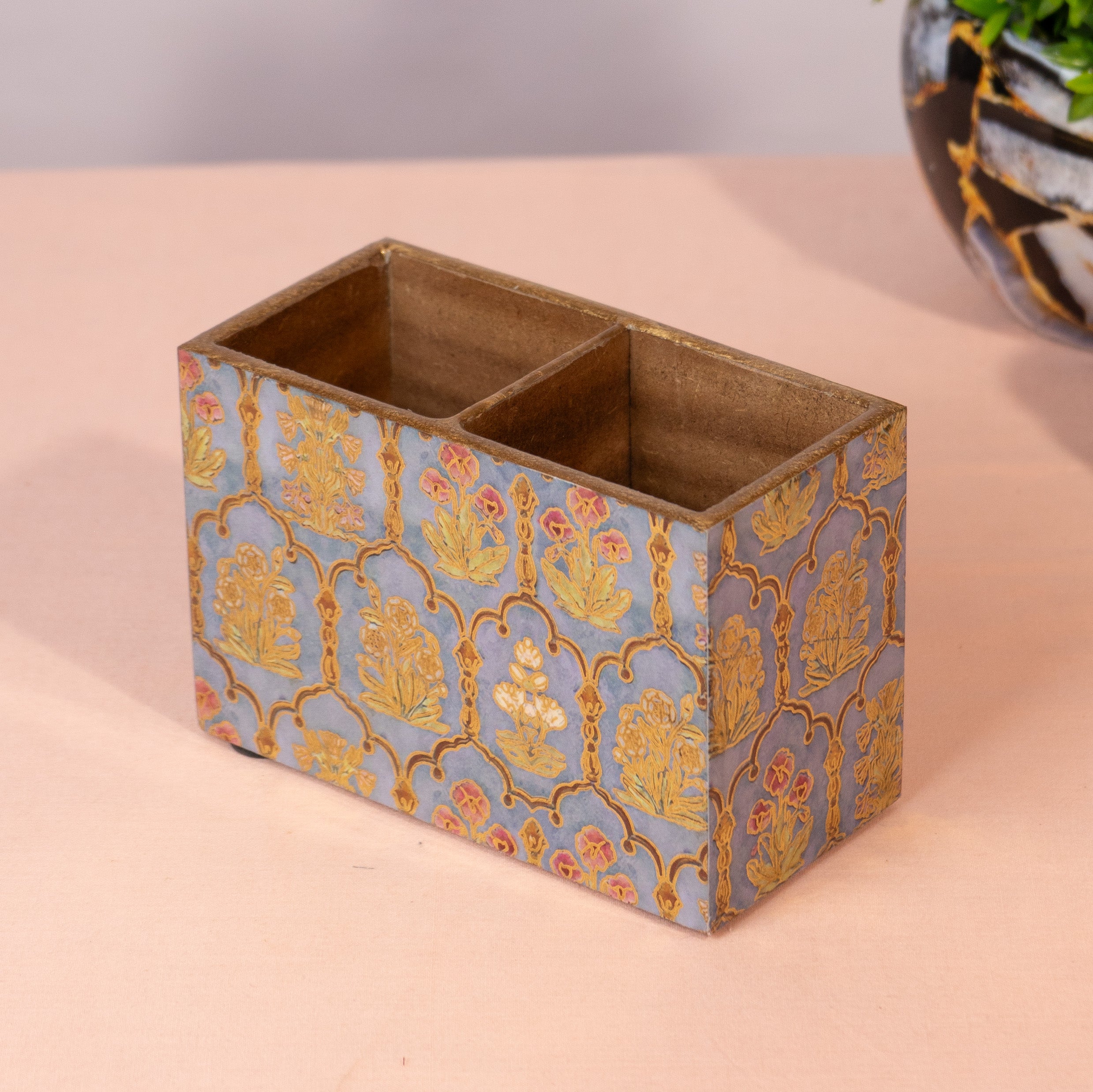 Wooden Cutlery Holder with 2 Sections – GREEN Flower Design Spoon Stand for Kitchen & Dining Table Organizer | Multipurpose Wooden Utensil Holder, Chammach Stand & Table Decor (10x16x12 cm) (Copy)