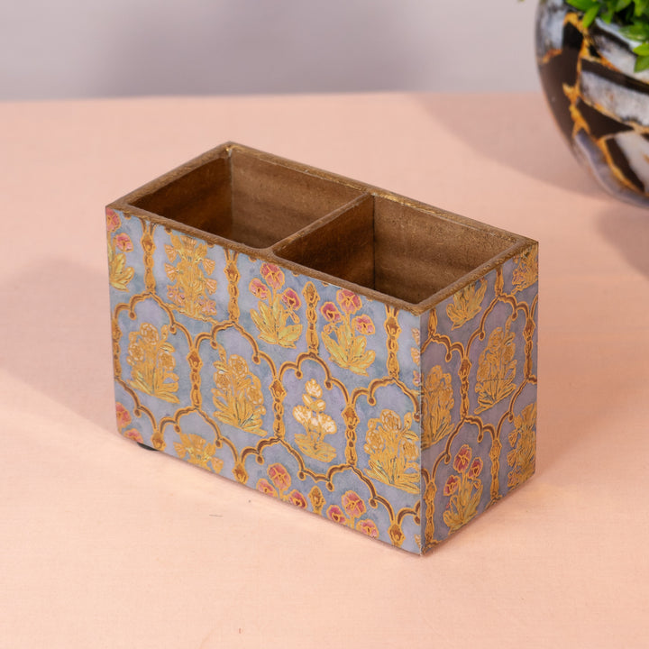 Wooden Cutlery Holder with 2 Sections – GREEN Flower Design Spoon Stand for Kitchen & Dining Table Organizer | Multipurpose Wooden Utensil Holder, Chammach Stand & Table Decor (10x16x12 cm) (Copy)