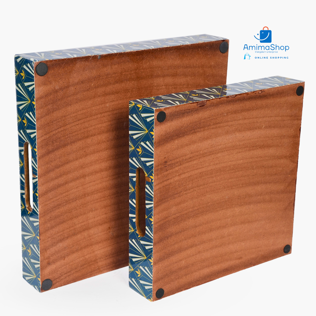 Amimashop® Blue Set of 2 Wooden Serving Trays 12"& 14"
