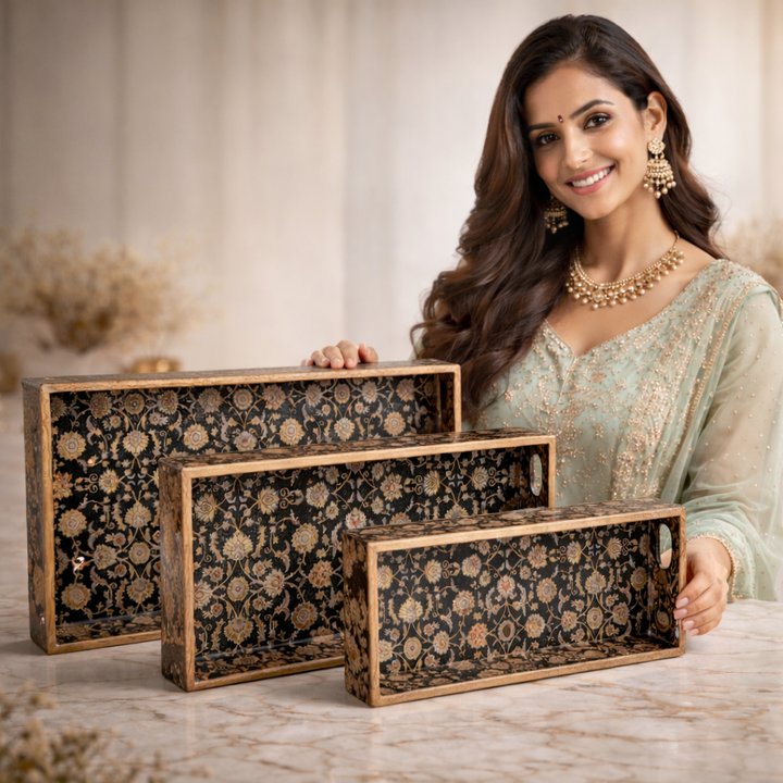 Set of 3 Wooden Serving Trays with Gold Engraving