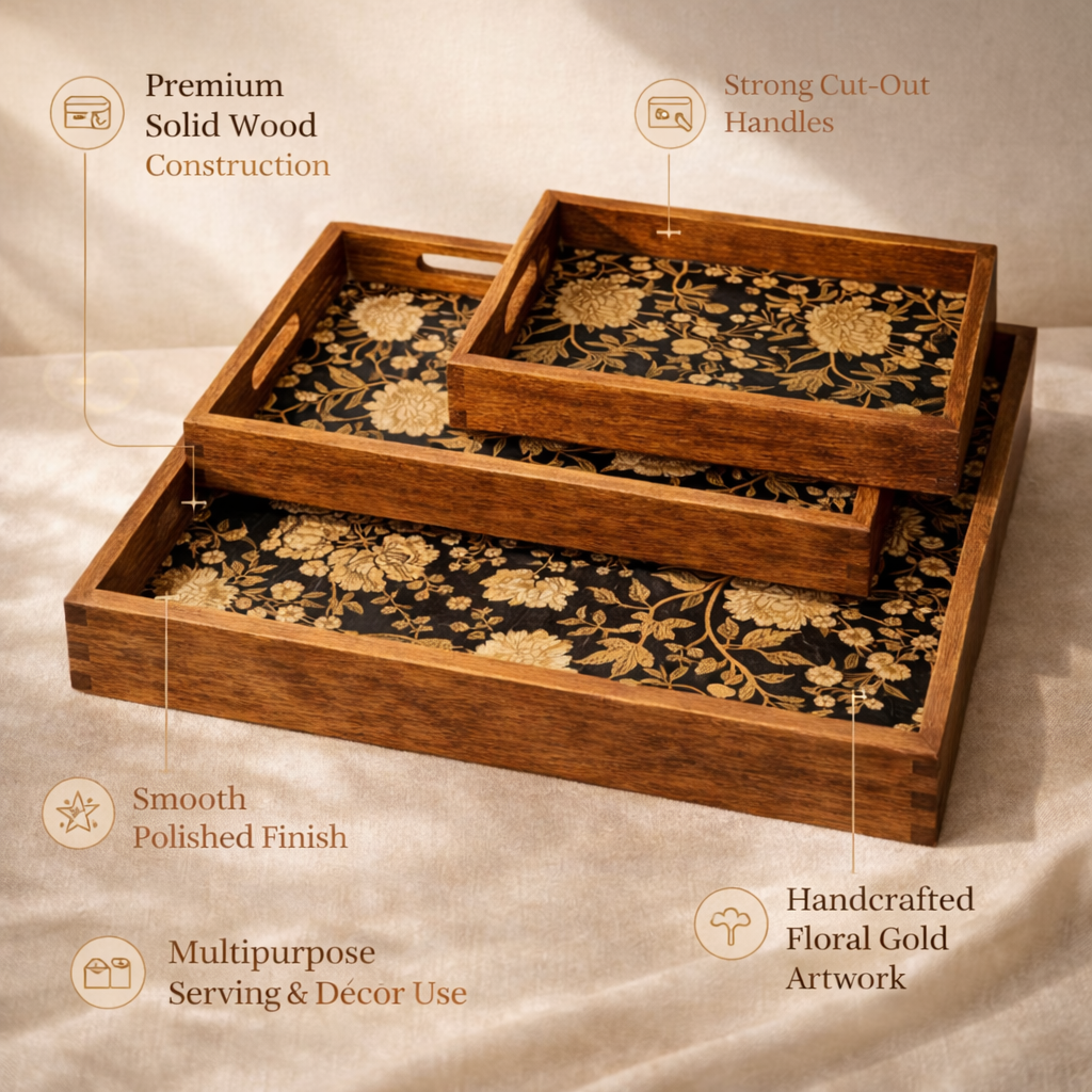 Serving Tray Set 3 with Gold Engraving | Wooden Tray Set 3 |Wooden Tray Decoration | Enamel Coated Waterproof |Size : 16 x 10 inch, 14 x 8 inch & 12 x 6 inch (Set 3)