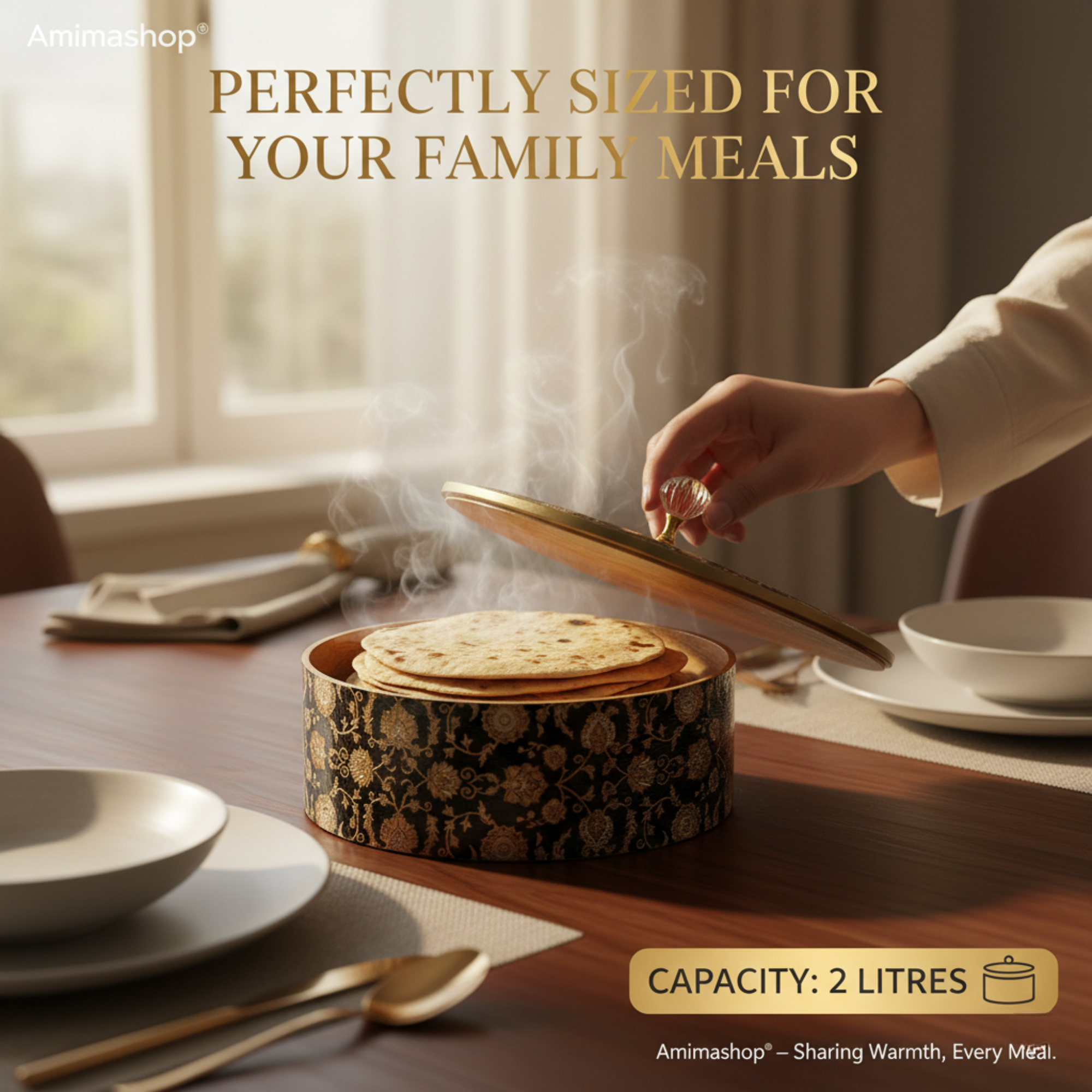 Wooden Casserole 2 Litre | Handcrafted Wooden Serving Bowl with Lid | Black Gold Design Hot Pot for Kitchen & Dining (Size 9x9x4 Inches)