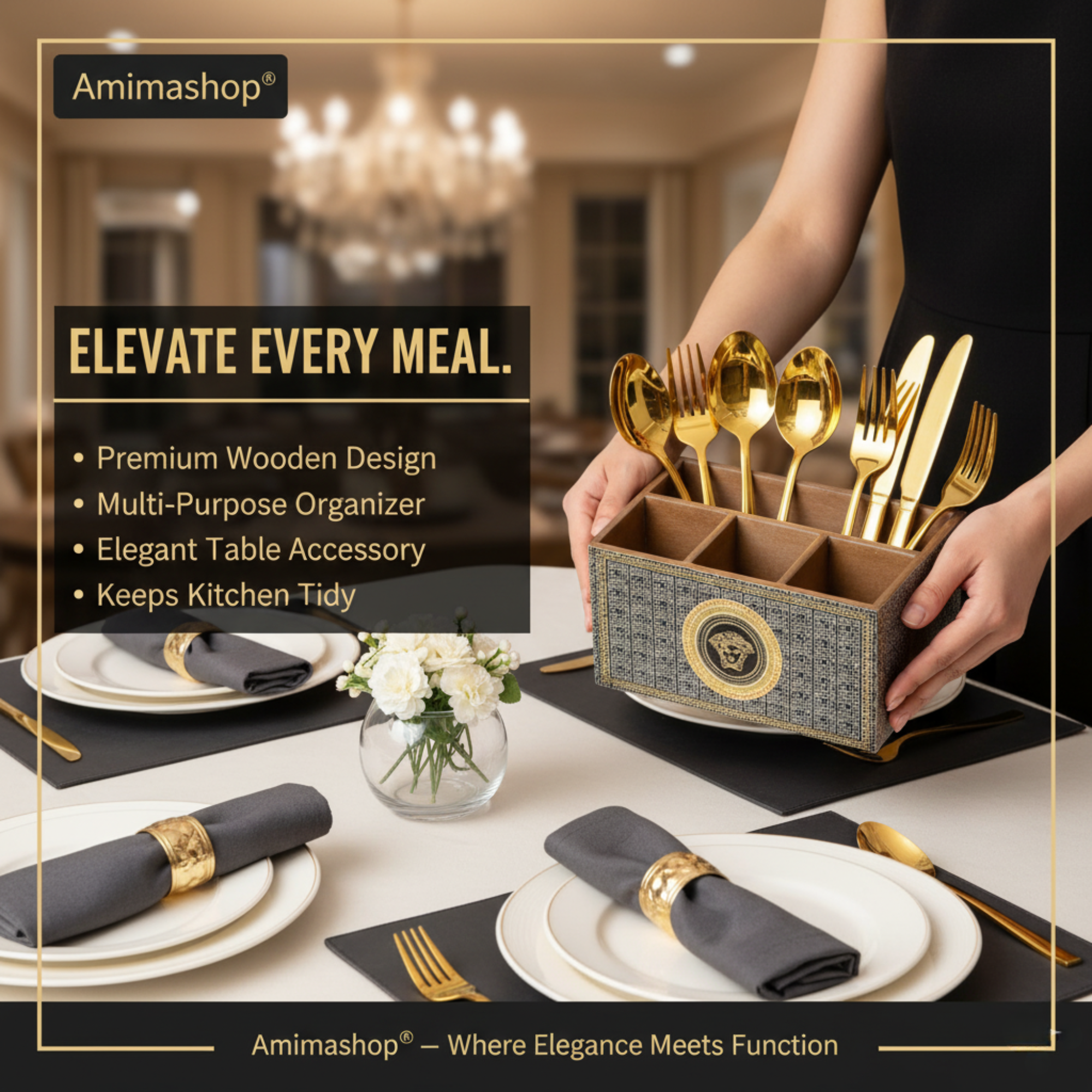 Wooden Cutlery Holder for Kitchen | Spoon Stand & Spoon Holder for Dining Table|4 Compartment Black Floral Design (L9.3 x W4.5 x H6.5 Inches) (Copy)