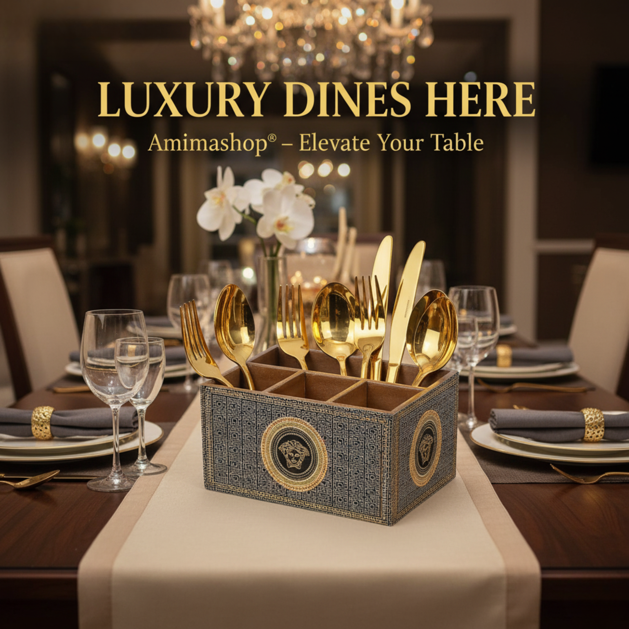 Wooden Cutlery Holder for Kitchen | Spoon Stand & Spoon Holder for Dining Table|4 Compartment Black Floral Design (L9.3 x W4.5 x H6.5 Inches) (Copy)