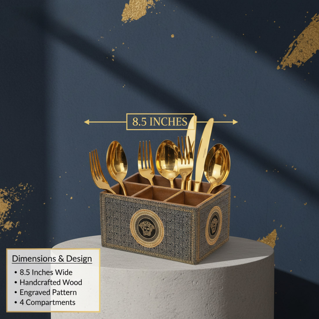 Wooden Cutlery Holder for Kitchen | Spoon Stand & Spoon Holder for Dining Table|4 Compartment Black Floral Design (L9.3 x W4.5 x H6.5 Inches) (Copy)