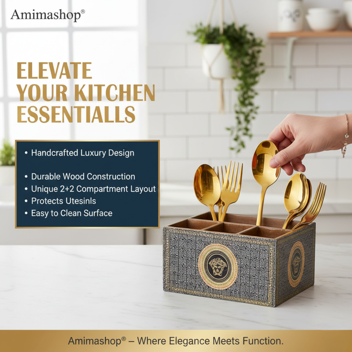 Wooden Cutlery Holder for Kitchen | Spoon Stand & Spoon Holder for Dining Table|4 Compartment Black Floral Design (L9.3 x W4.5 x H6.5 Inches) (Copy)