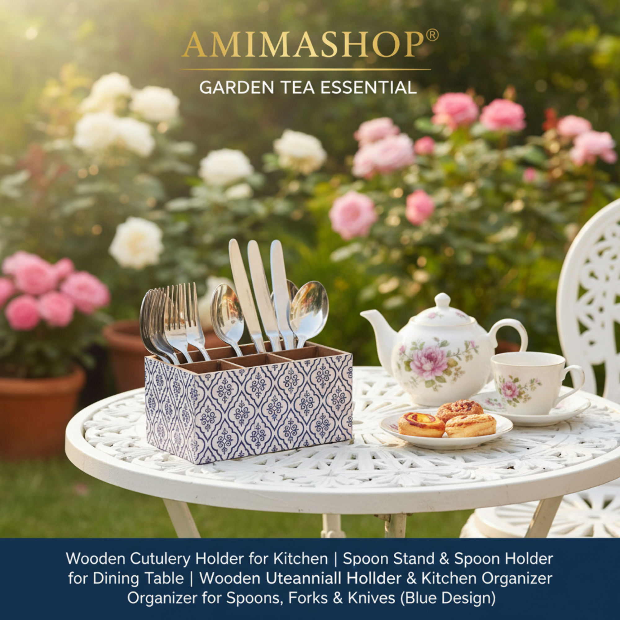 Wooden Utensil Holder - Kitchen Countertop Organizer for Spoons & Cutlery with 6 Slots