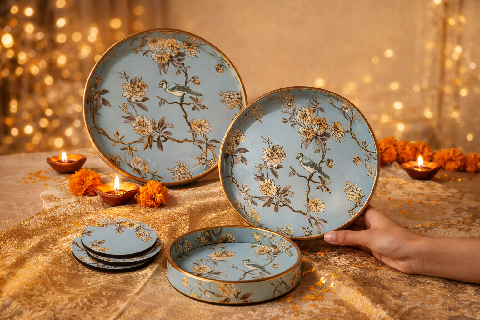 Set of 3 Wooden Serving Trays with Matching Coasters Round Multipurpose Trays for Kitchen Dining Table Top Tea Coffee Snacks Home Decor Large 12" Medium 10" Small 8" Inch (Light Green)