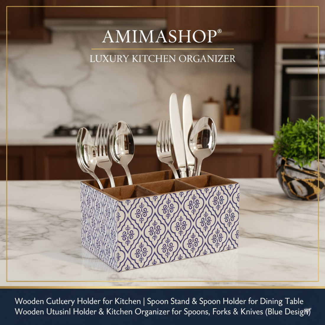 Wooden Utensil Holder - Kitchen Countertop Organizer for Spoons & Cutlery with 6 Slots