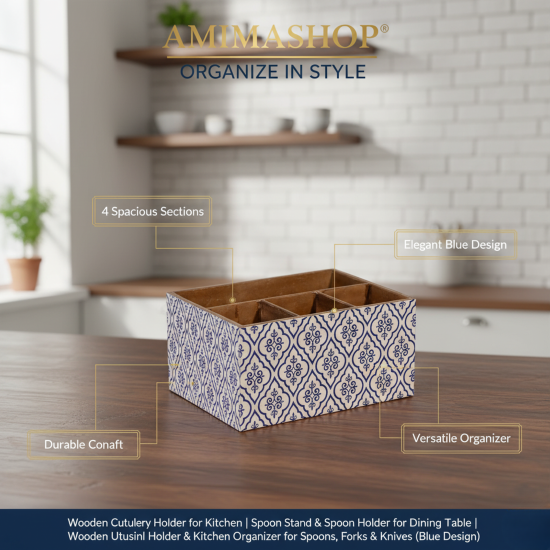 Wooden Utensil Holder - Kitchen Countertop Organizer for Spoons & Cutlery with 6 Slots