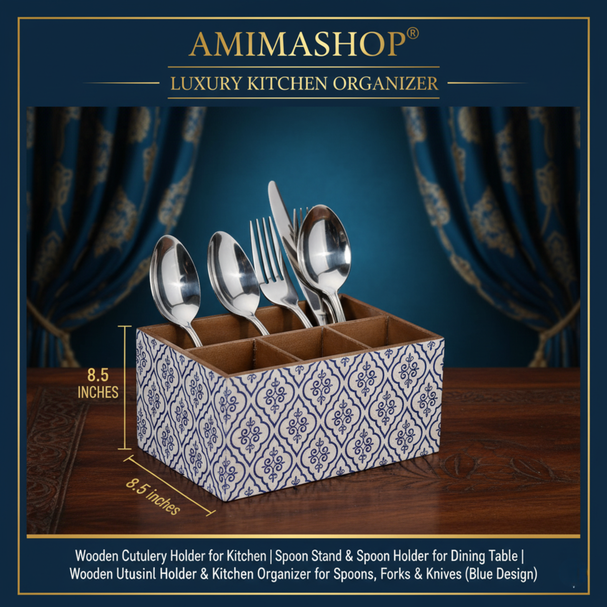 Wooden Utensil Holder - Kitchen Countertop Organizer for Spoons & Cutlery with 6 Slots