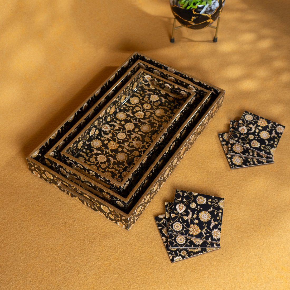 Premium Wooden Tray Set of 3 with 6 Coasters | Large, Medium & Small Sizes for Serving, Dining & Decor