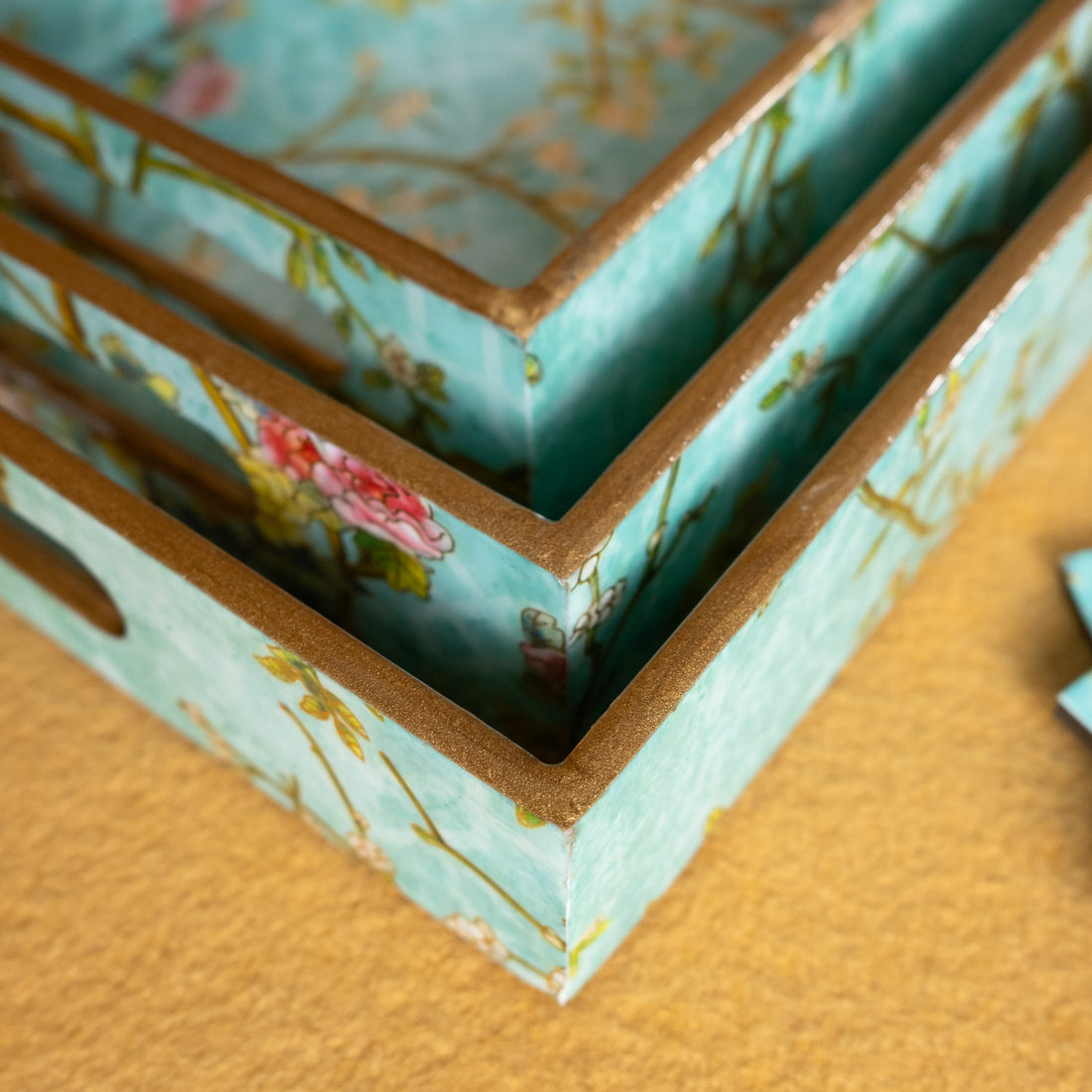 Premium Wooden Tray Set of 3 with 6 Coasters | Large, Medium & Small Sizes for Serving, Dining & Decor