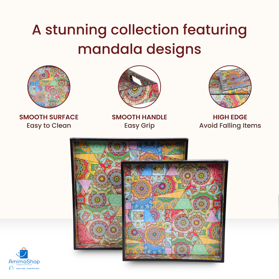 Amimashop® Multicolor Set of 2 Wooden Serving Trays 12"& 14"