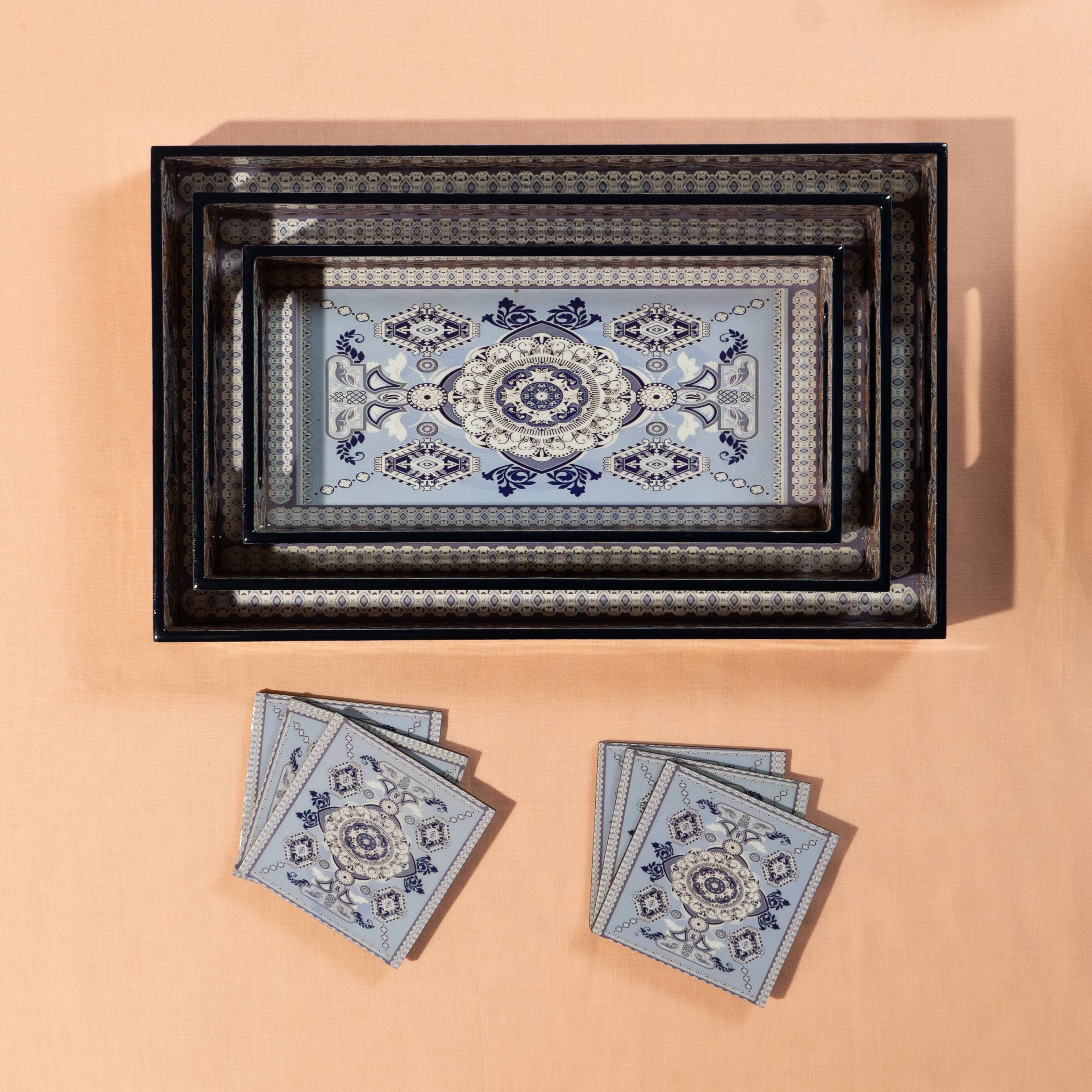 Premium Wooden Tray Set of 3 with 6 Coasters | Large, Medium & Small Sizes for Serving, Dining & Decor