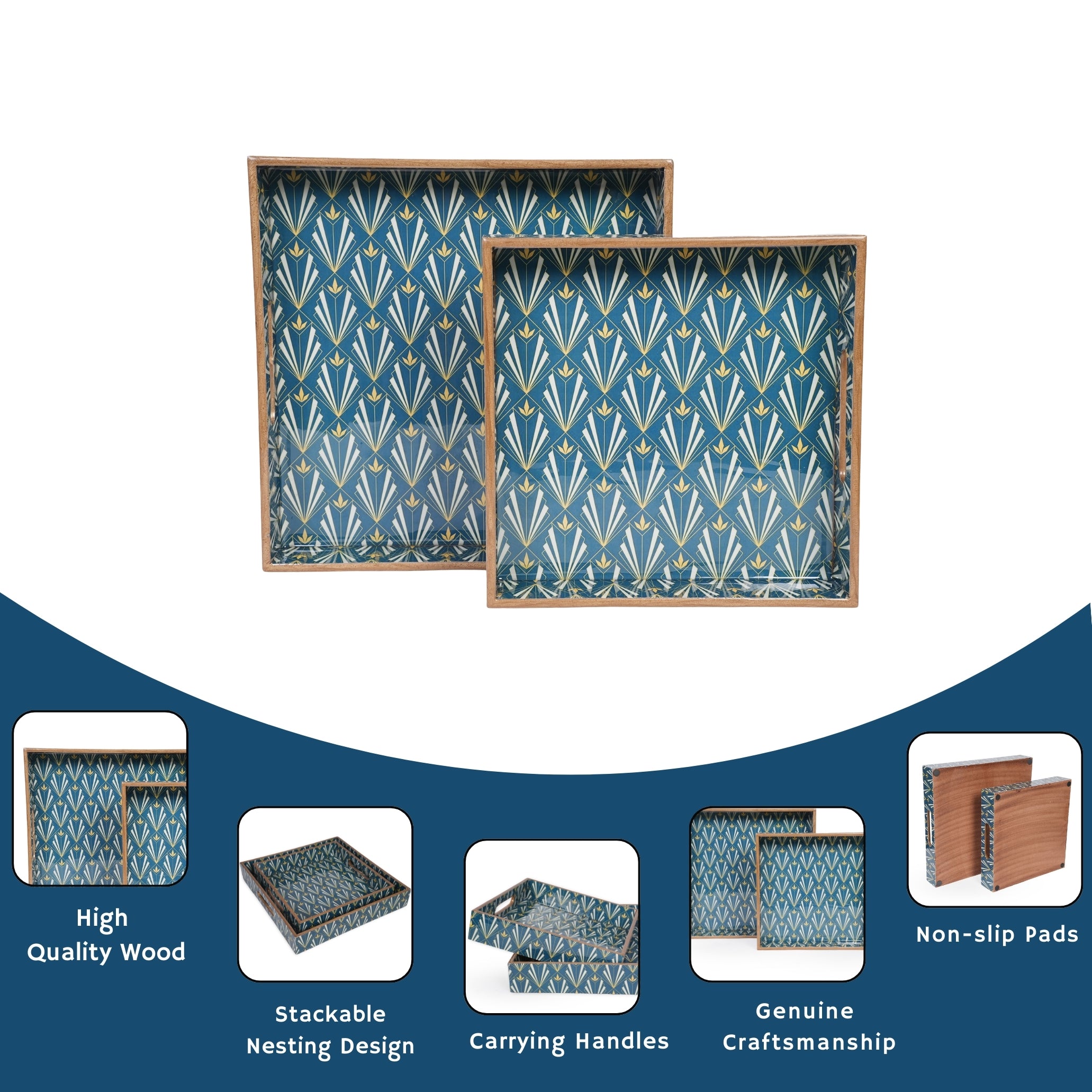 Set of 2 Wooden Serving Trays 12"& 10"