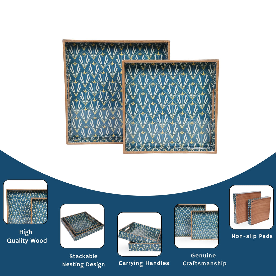 Amimashop® Blue Set of 2 Wooden Serving Trays 12"& 14"