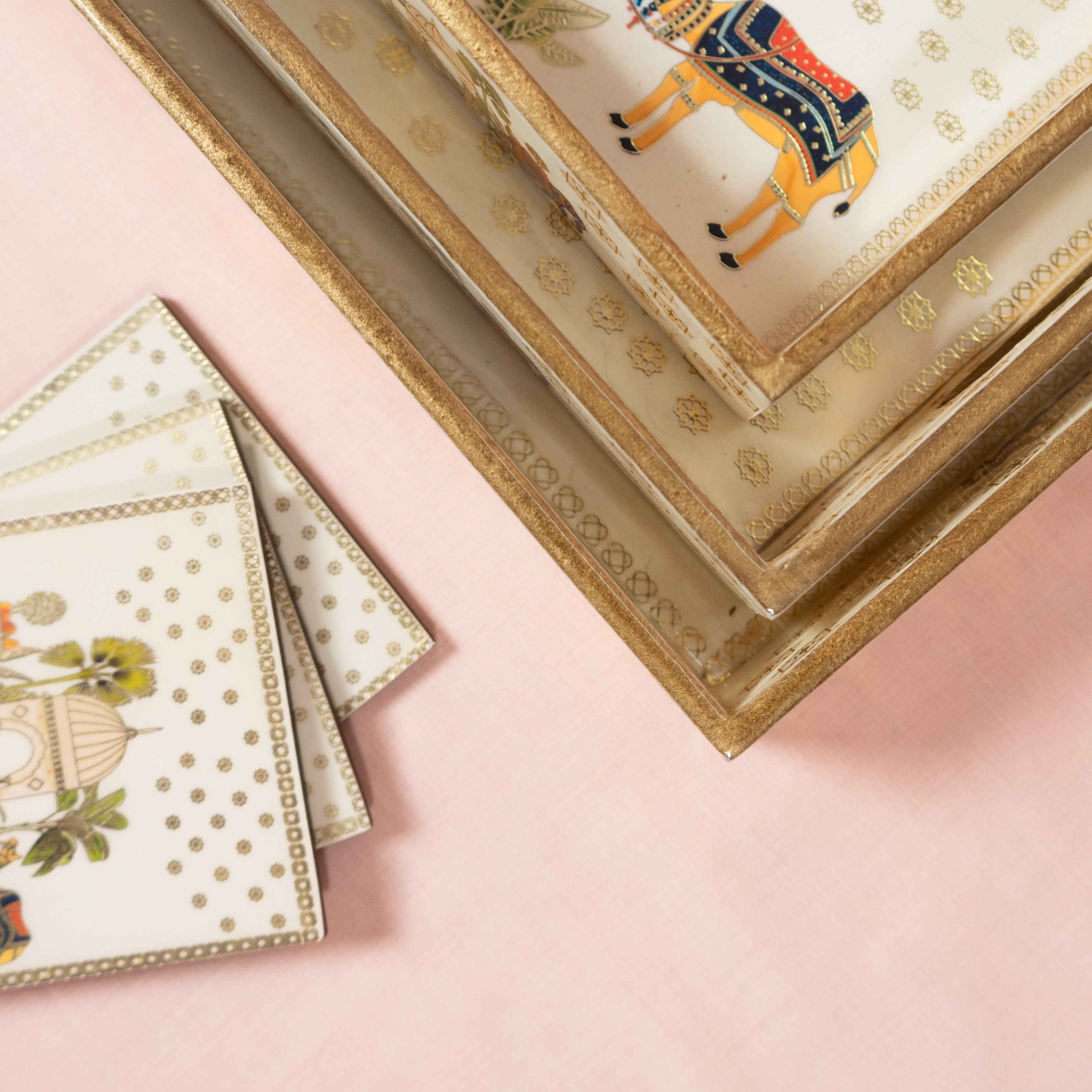 Premium Wooden Tray Set of 3 with 6 Coasters | Large, Medium & Small Sizes for Serving, Dining & Decor