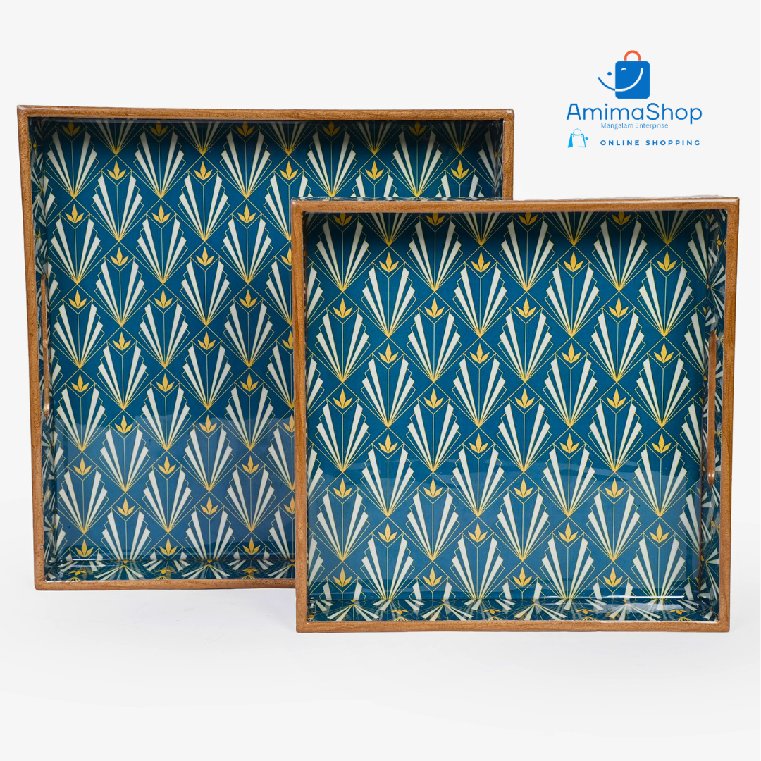 Amimashop® Blue Set of 2 Wooden Serving Trays 12"& 14"