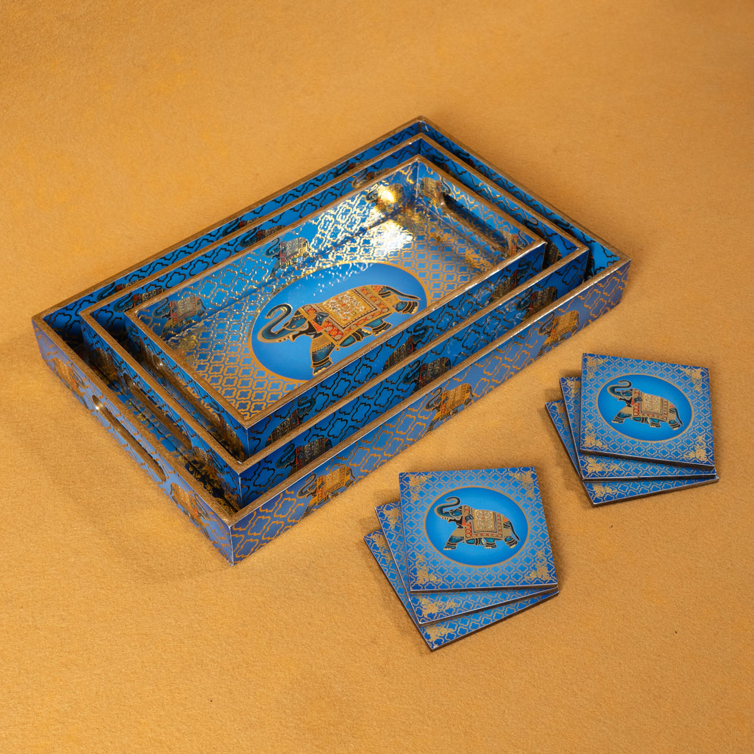 Premium Wooden Tray Set of 3 with 6 Coasters | Large, Medium & Small Sizes for Serving, Dining & Decor