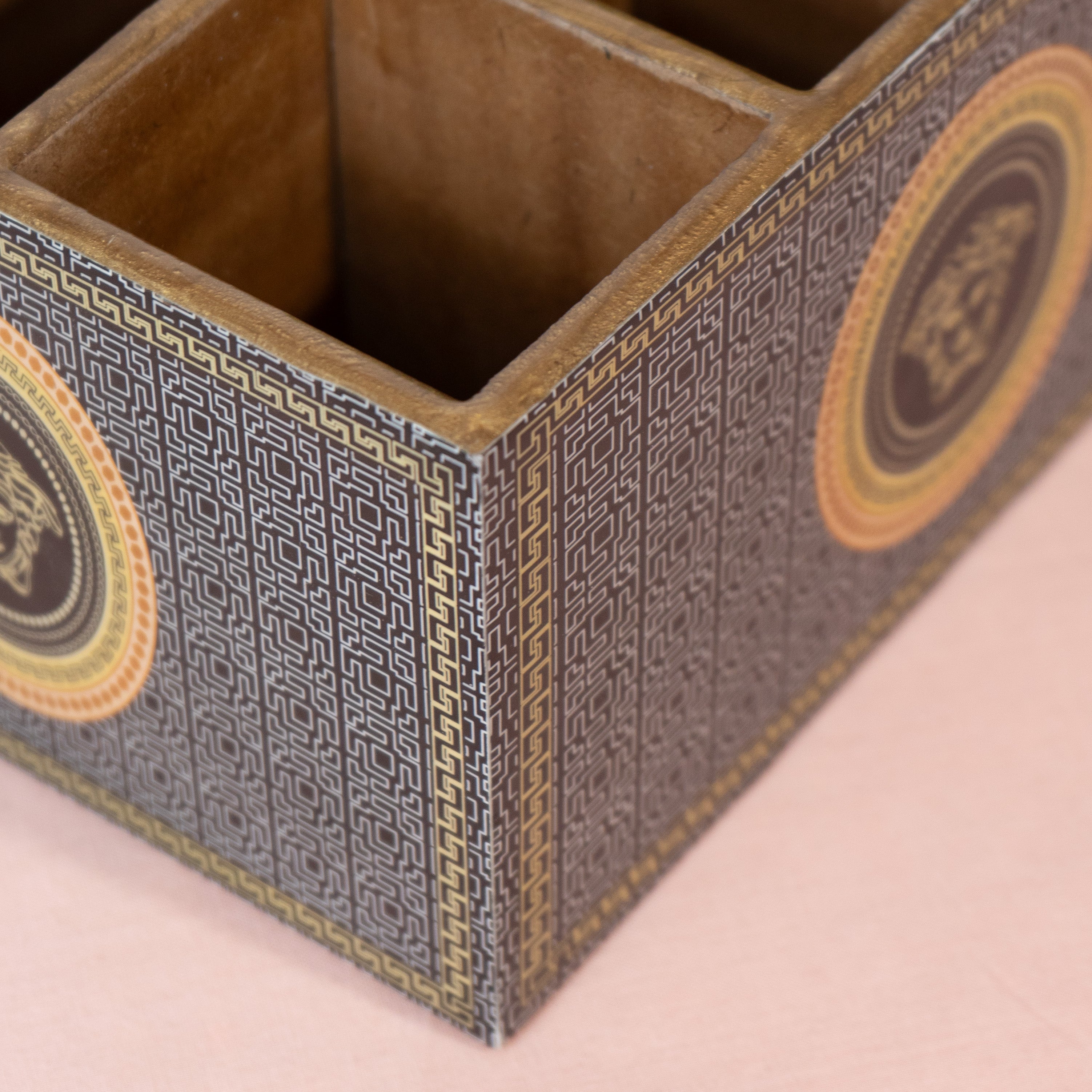 Wooden Cutlery Holder for Kitchen | Spoon Stand & Spoon Holder for Dining Table|4 Compartment Black Floral Design (L9.3 x W4.5 x H6.5 Inches) (Copy)