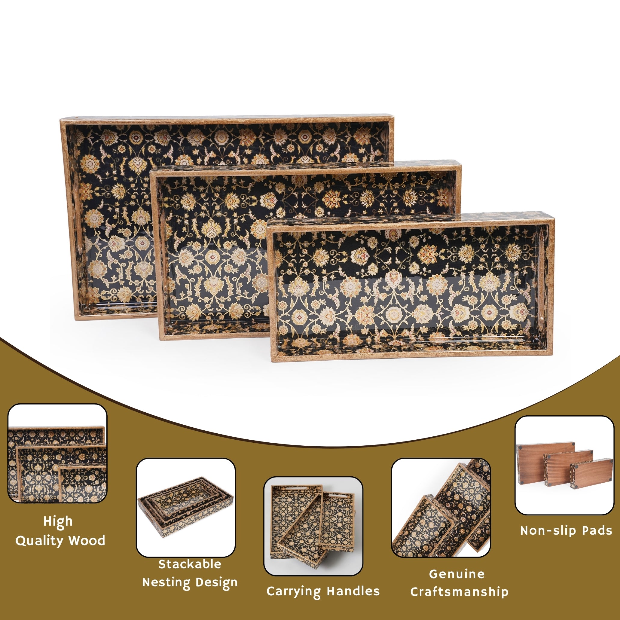 Black Design Set of 3 Rectangular Wooden Serving Trays (16", 14", 12") | Premium Mango Wood Tray Set for Kitchen, Dining, Tea/Coffee, Breakfast & Home Décor | Handcrafted Decorative Wooden Trays for Gift & Serving