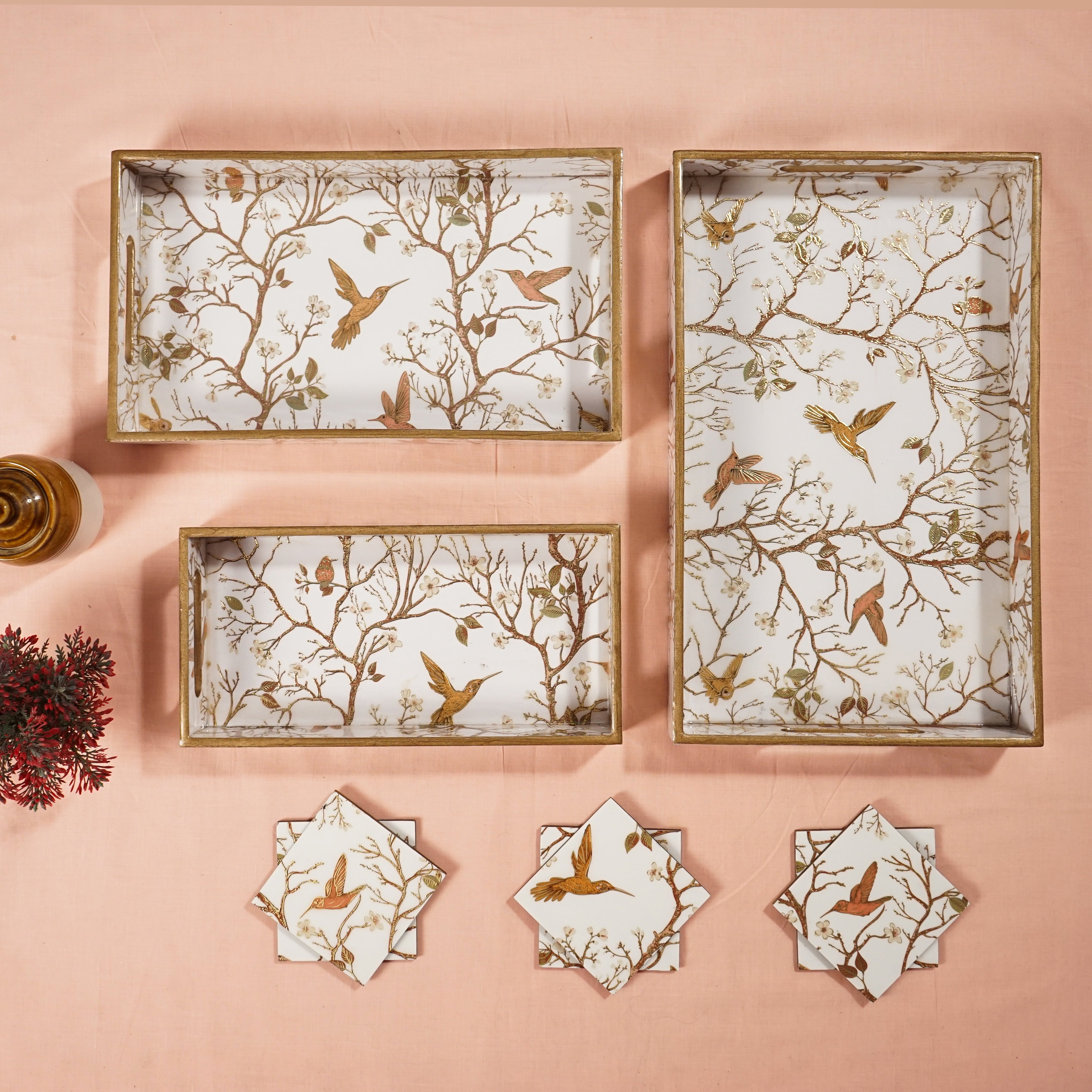 Premium Wooden Tray Set of 3 with 6 Coasters | Large, Medium & Small Sizes for Serving, Dining & Decor