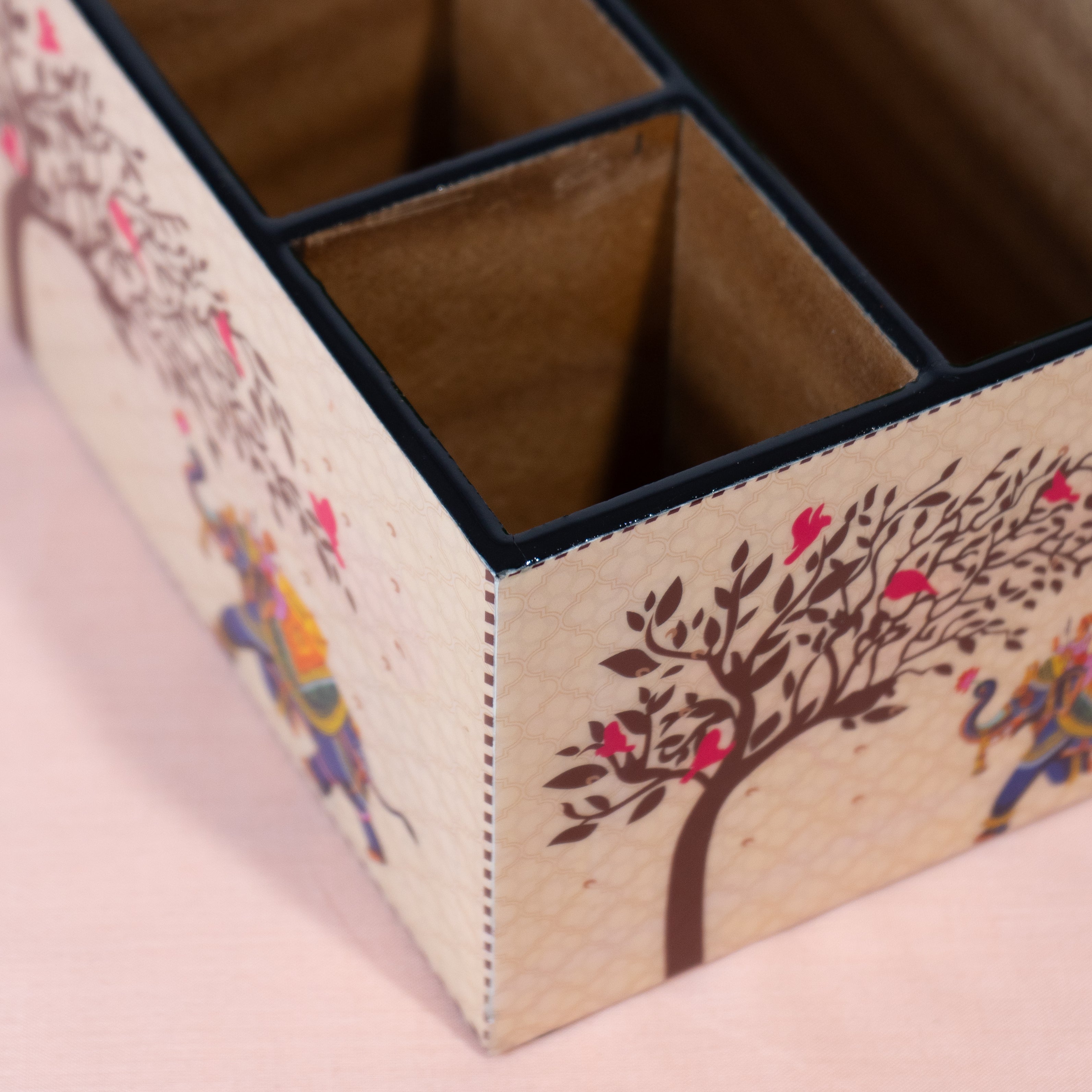 Wooden Cutlery Holder for Kitchen | Spoon Stand & Spoon Holder for Dining Table|4 Compartment Yellow Floral Design (L9.3 x W4.5 x H6.5 Inches)