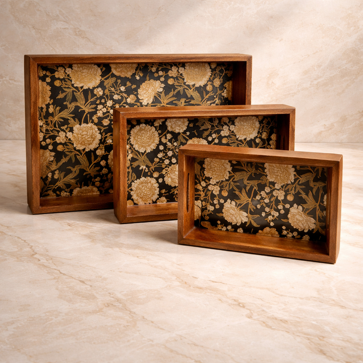 Serving Tray Set 3 with Gold Engraving | Wooden Tray Set 3 |Wooden Tray Decoration | Enamel Coated Waterproof |Size : 16 x 10 inch, 14 x 8 inch & 12 x 6 inch (Set 3)