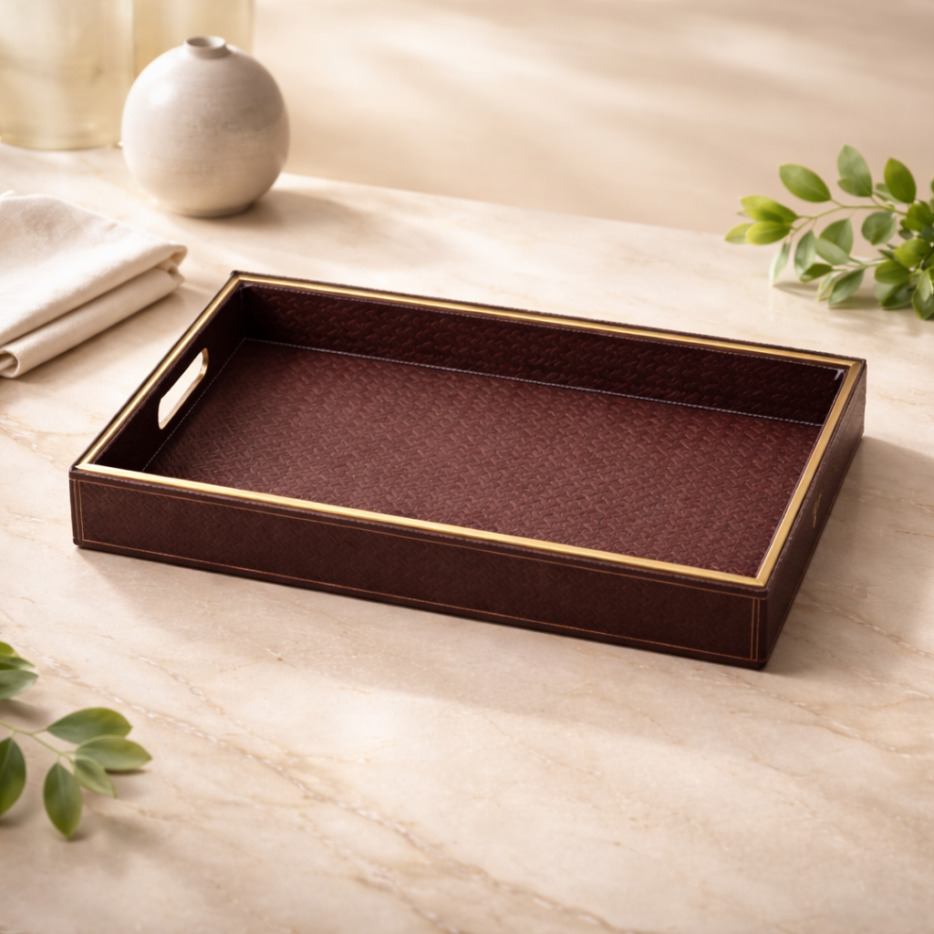 Large Wooden Serving Tray with Leather Finish | Big Size Rectangular Tray for Serving Tea, Coffee & Breakfast | 16 x 14 Inch Premium Snack Tray (BROWN)