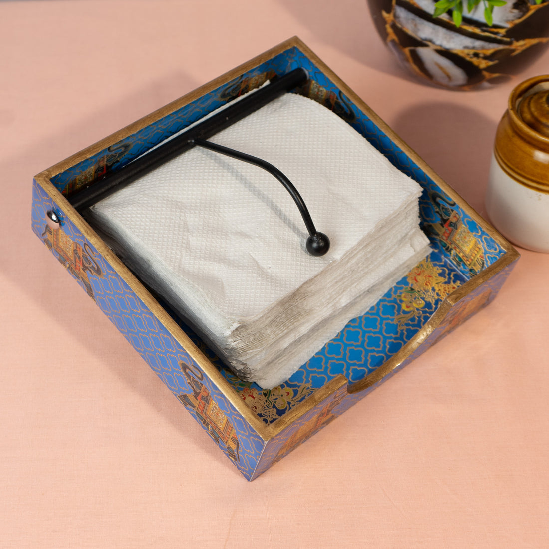 Wooden Napkin Holder for Dining Table | Handcrafted Tissue Holder Stand for Kitchen, Office & Home Décor | Wooden Tissue Paper Holder | Blue Gold Foil Design (8 x 8 x 2.5 Inches)