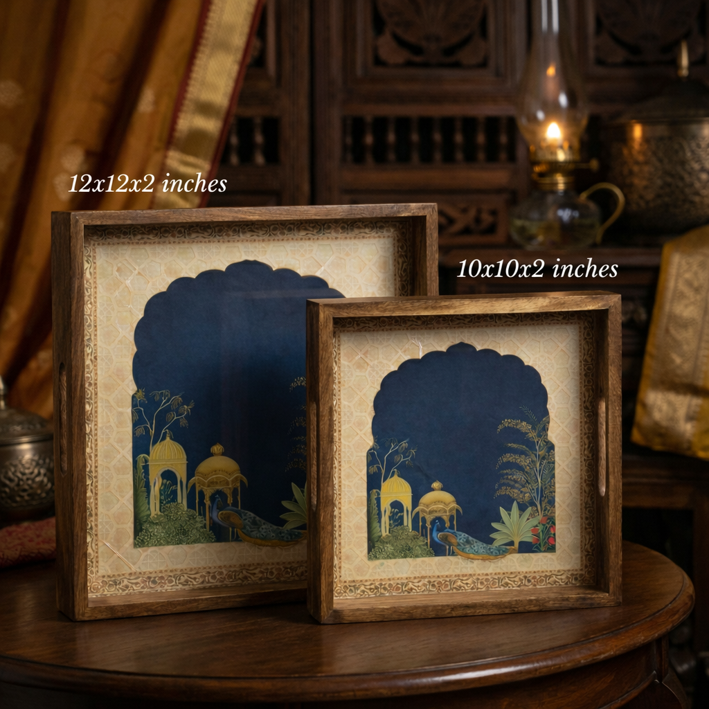 Serving Tray| Set of 2 | Size : 12 x 12 inch & 10 x 10 inch | Square Trays | Wooden Tray for Decoration | Wooden Tray Set for Serving