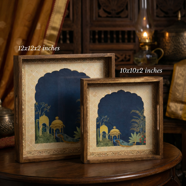 Serving Tray| Set of 2 | Size : 12 x 12 inch & 10 x 10 inch | Square Trays | Wooden Tray for Decoration | Wooden Tray Set for Serving